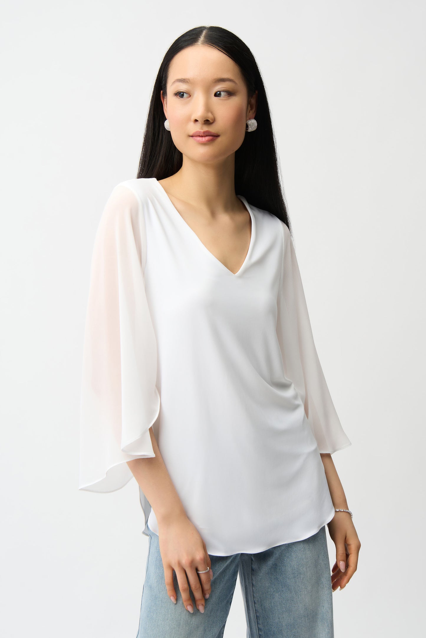 Silky Knit Straight Tunic With Chiffon Tulip Sleeves