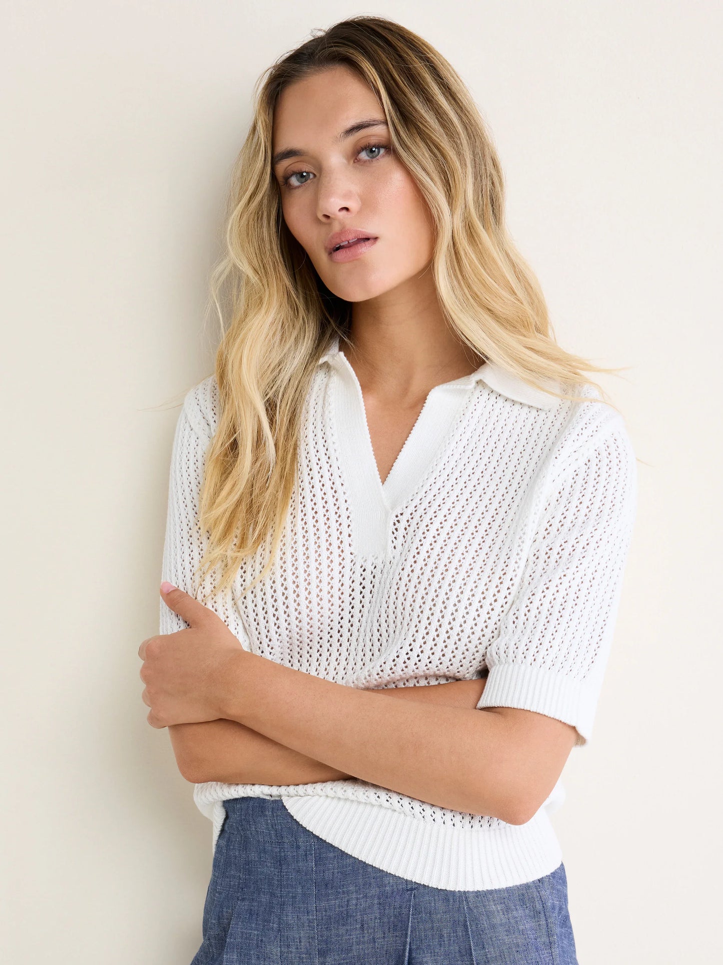 White Mesh Polo Sweater