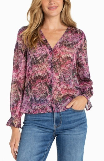 Long Sleeve Button Front Woven Top with Smocking