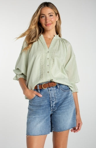 3/4 Sleeve Button Front Woven Top with Embroidery