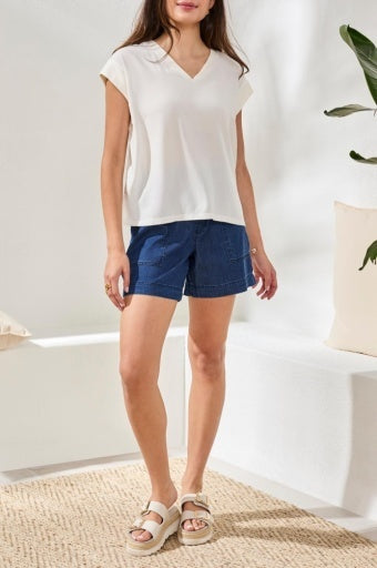 Mixed Media Cap Sleeve V- Neck Top