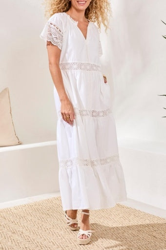 White Short Sleeve Peasant Dress With Lining
