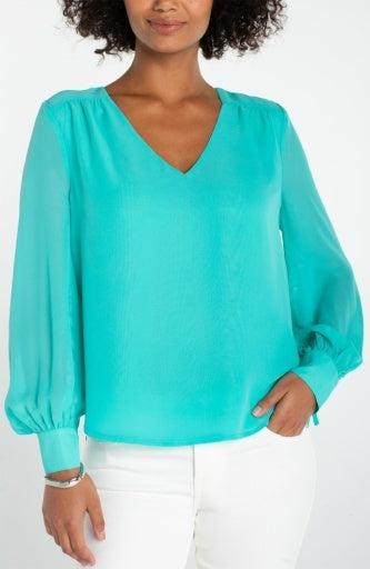 Long Sleeve Woven Blouse with Sleeve Tie Detail - Teal