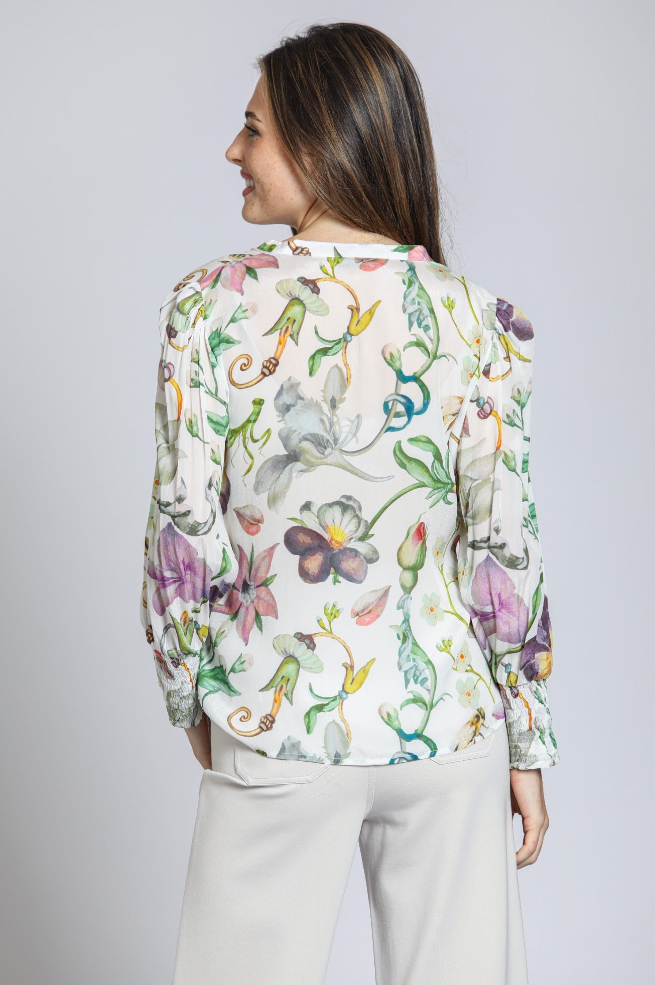 Split Neck Blouse with Smocked Cuffs