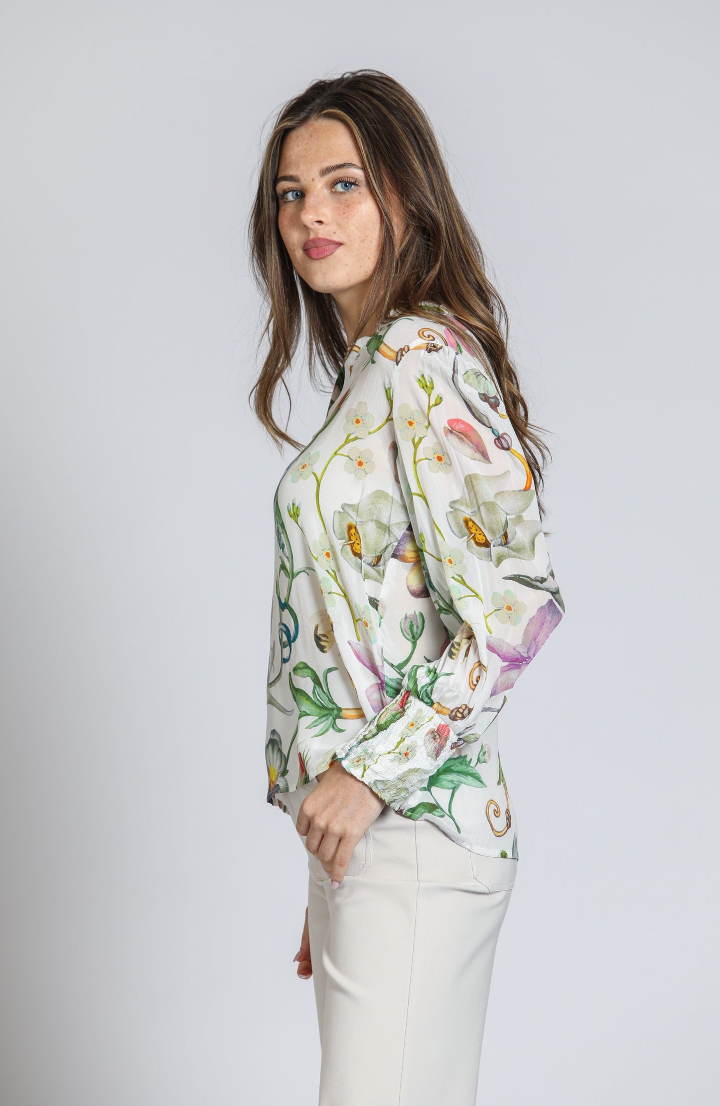 Split Neck Blouse with Smocked Cuffs
