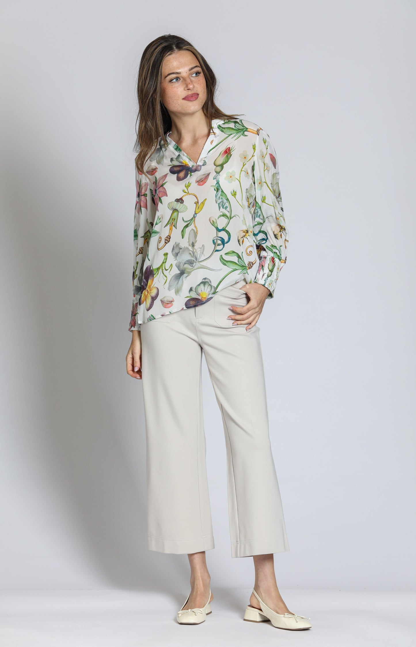 Split Neck Blouse with Smocked Cuffs