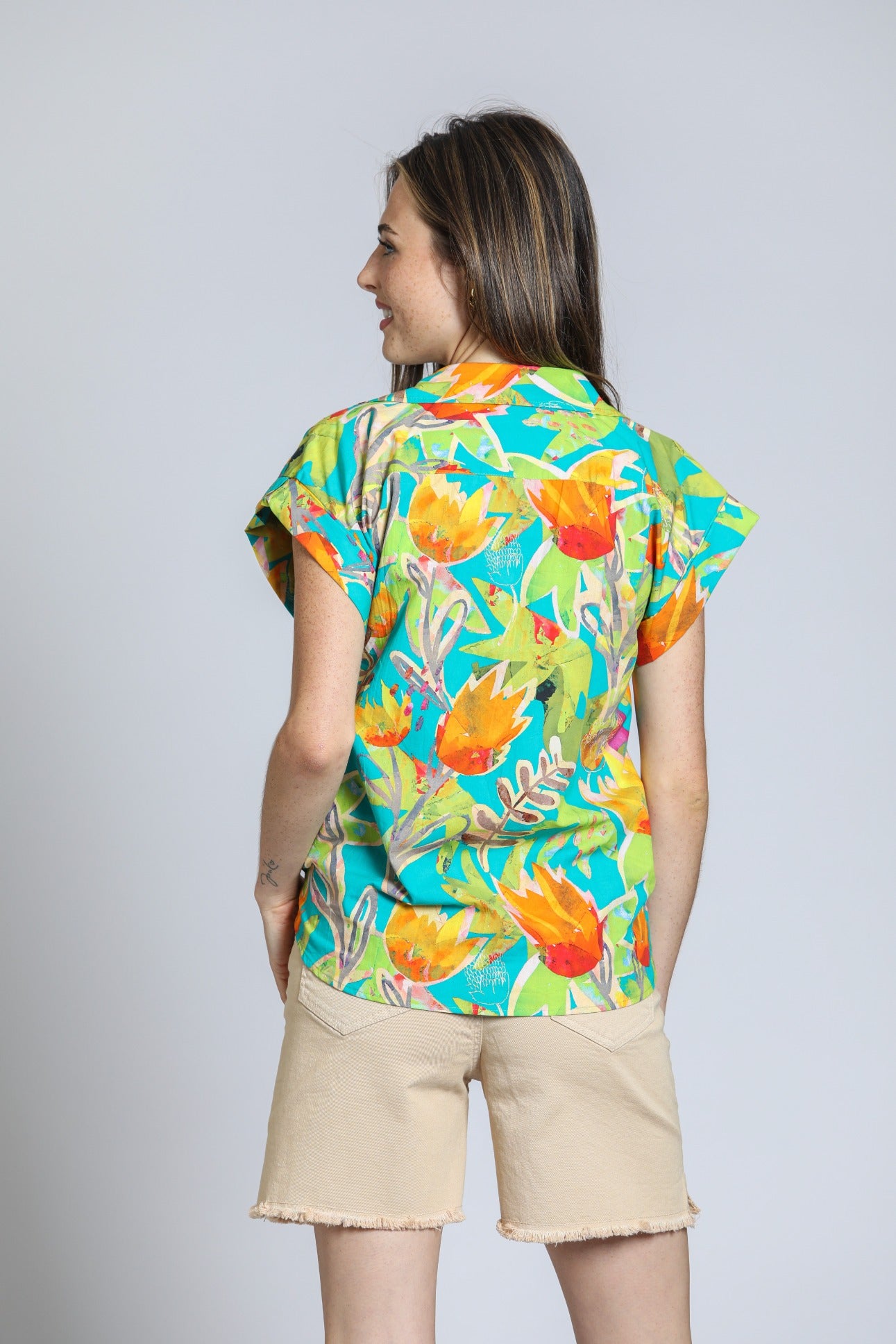 Tropical Printed Wrap Blouse With Tabbed Cuffs