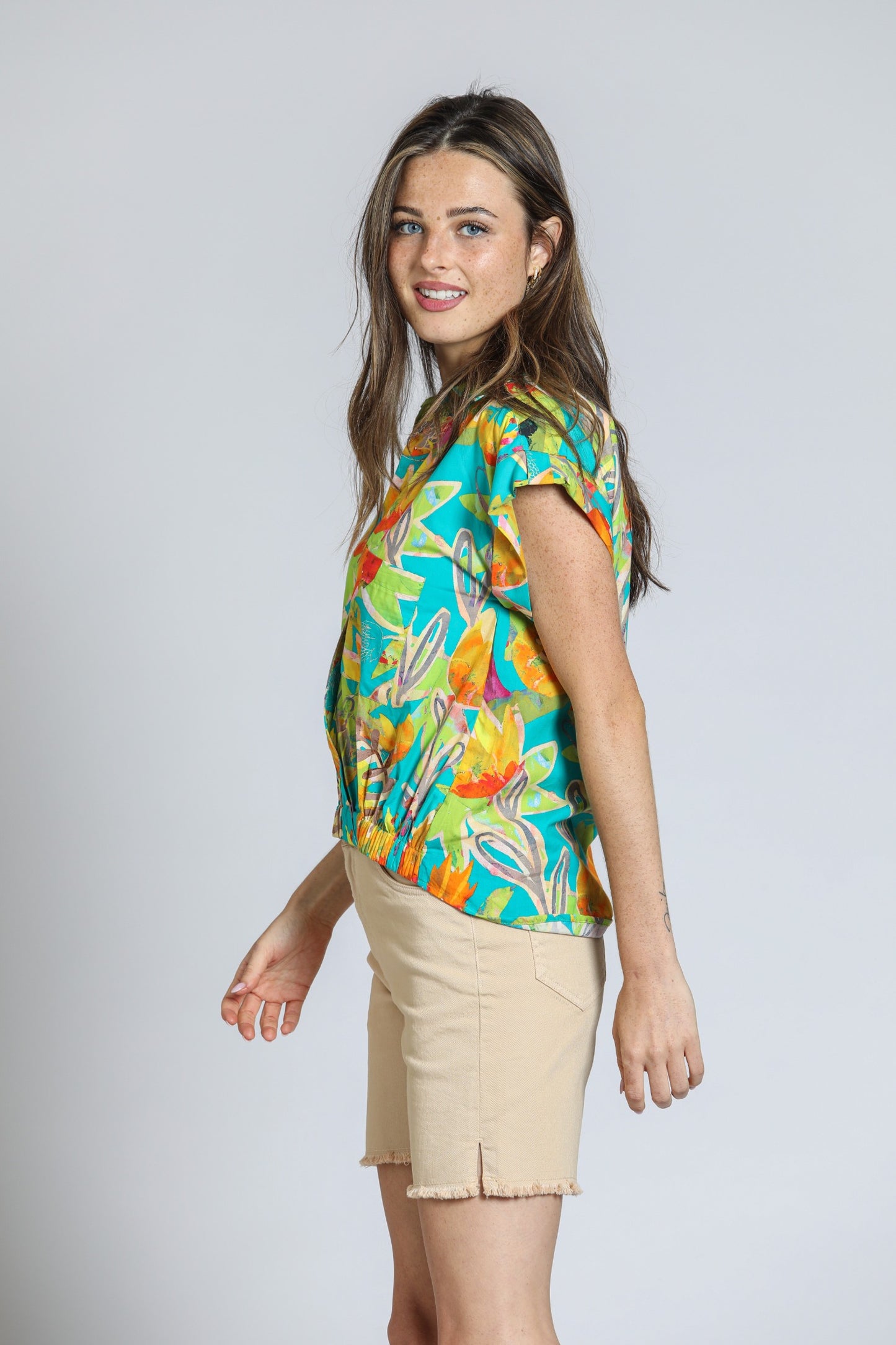 Tropical Printed Wrap Blouse With Tabbed Cuffs