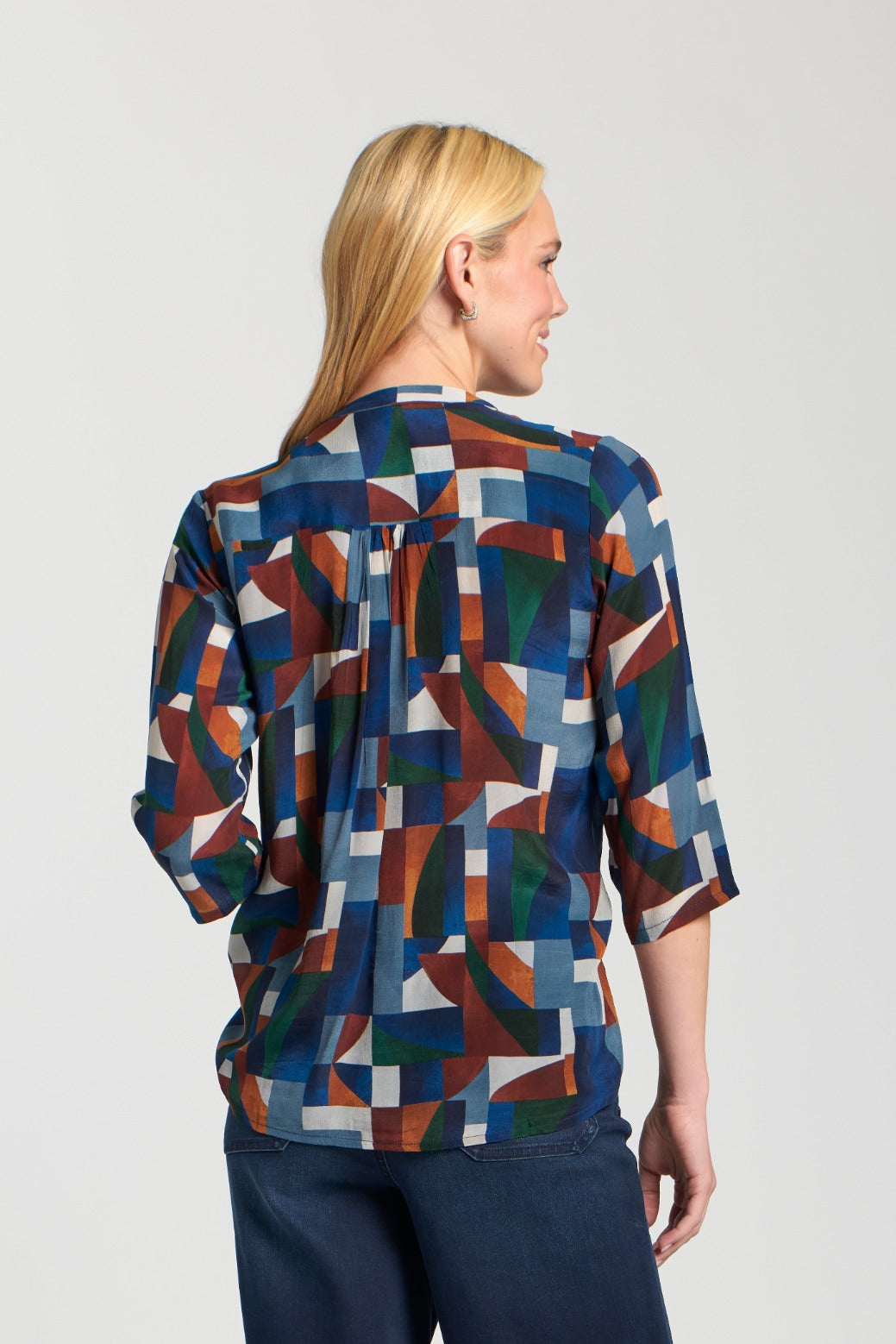 Navy V-Neck Blouse with Tassel Detail