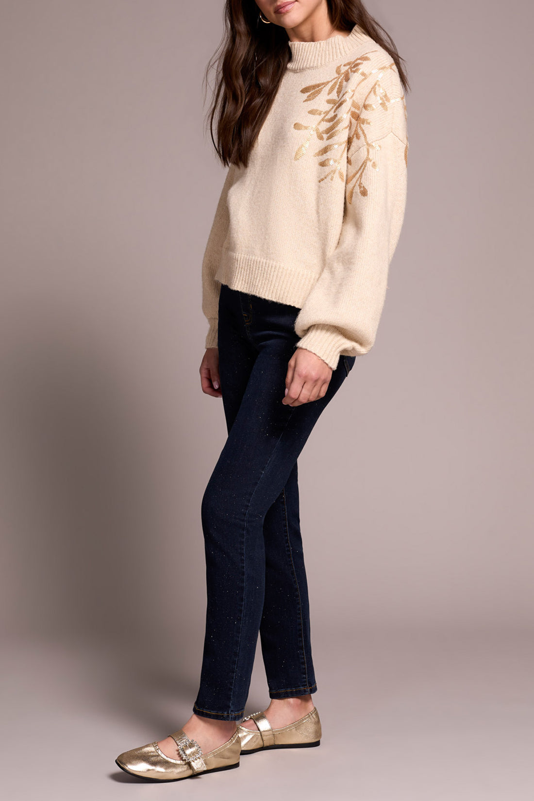 Long Sleeve Mock Neck Sweater with Sequins in Latte