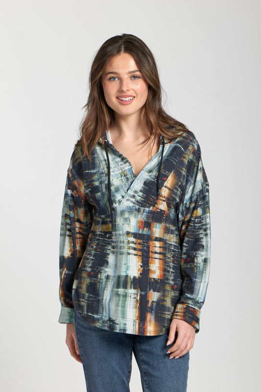 Green Printed V-Neck Hoodie