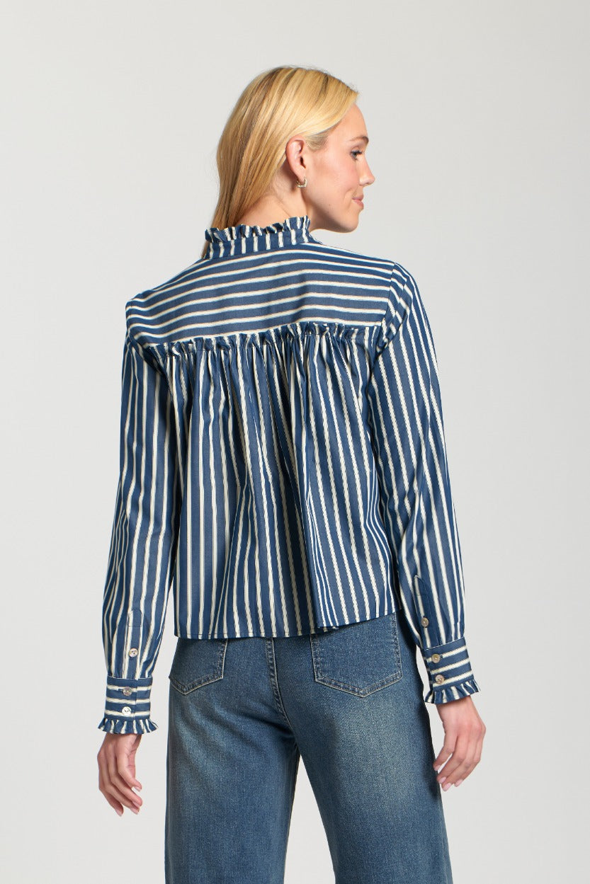 Navy Cropped Stripe Shirt with Ruffle Detail