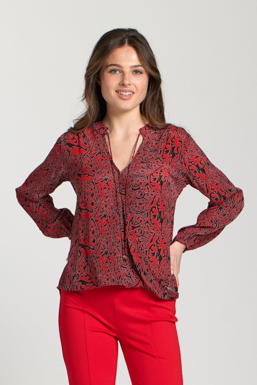 Red Crossover Blouse with Tassel