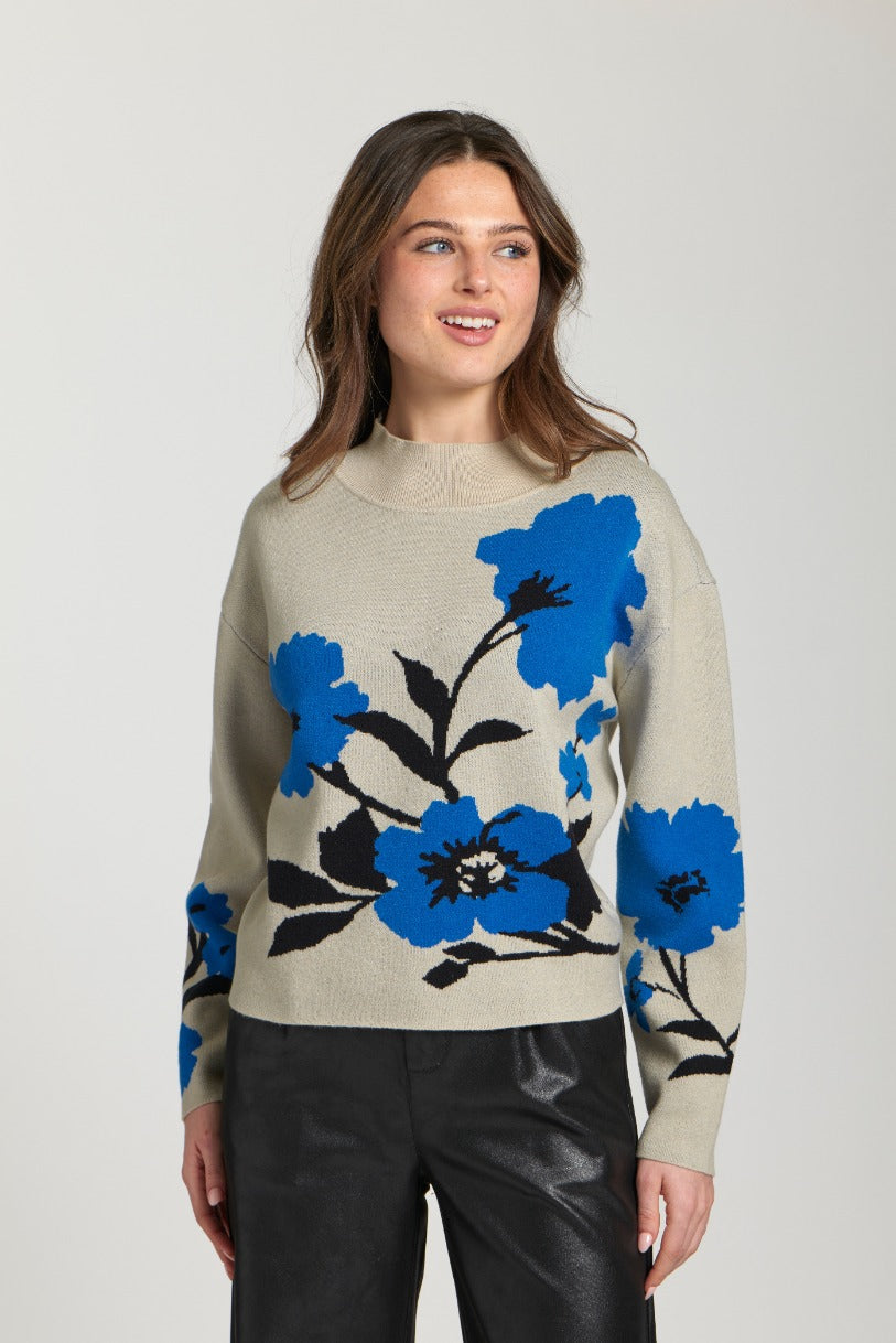 Blue Floral Mock Neck Sweater