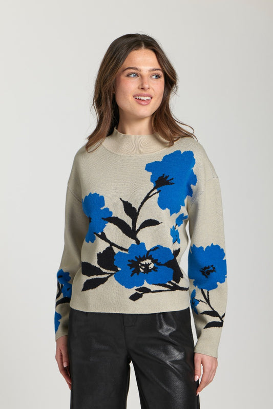 Blue Floral Mock Neck Sweater