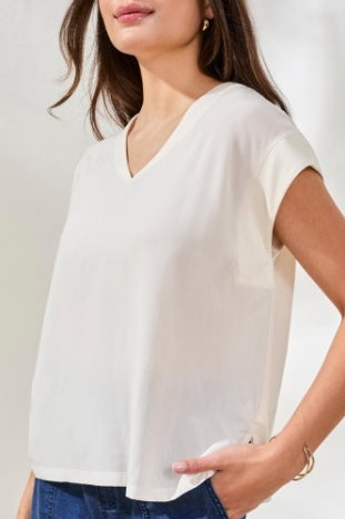 Mixed Media Cap Sleeve V- Neck Top